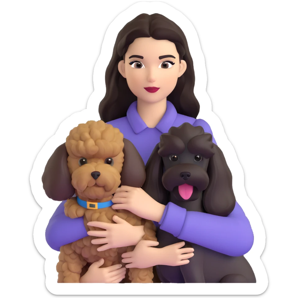 Kendall Jenner with long dark hair holding a brown poodle and a black schnauzer sticker