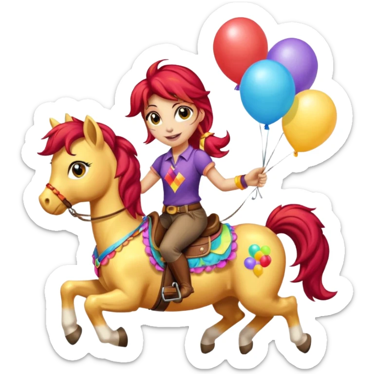 sunset shimmer mlp holding colorful balloons tied to its saddle, looking cheerful. sticker