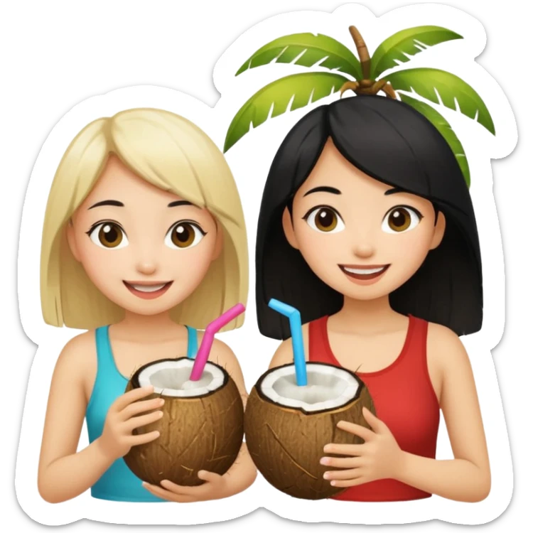 Two girls drinking out of a coconut one is Asian with black hair the other is white with blonde hair  sticker