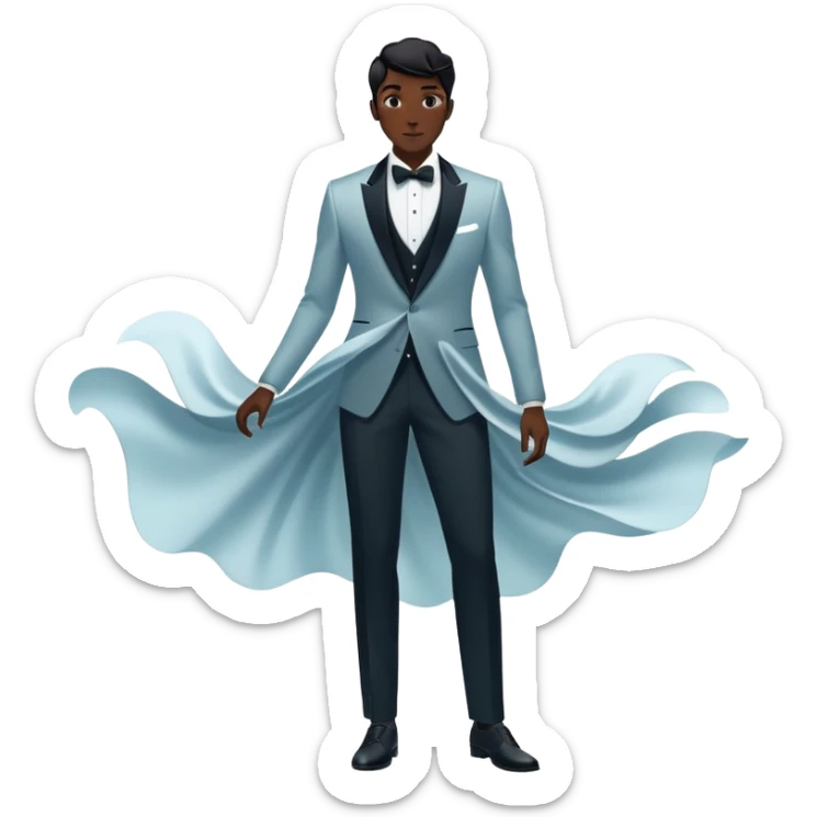 Ethereal male fashion silhouette with formal wear and subtle energy waves, floating style essence, masculine inspiration sticker