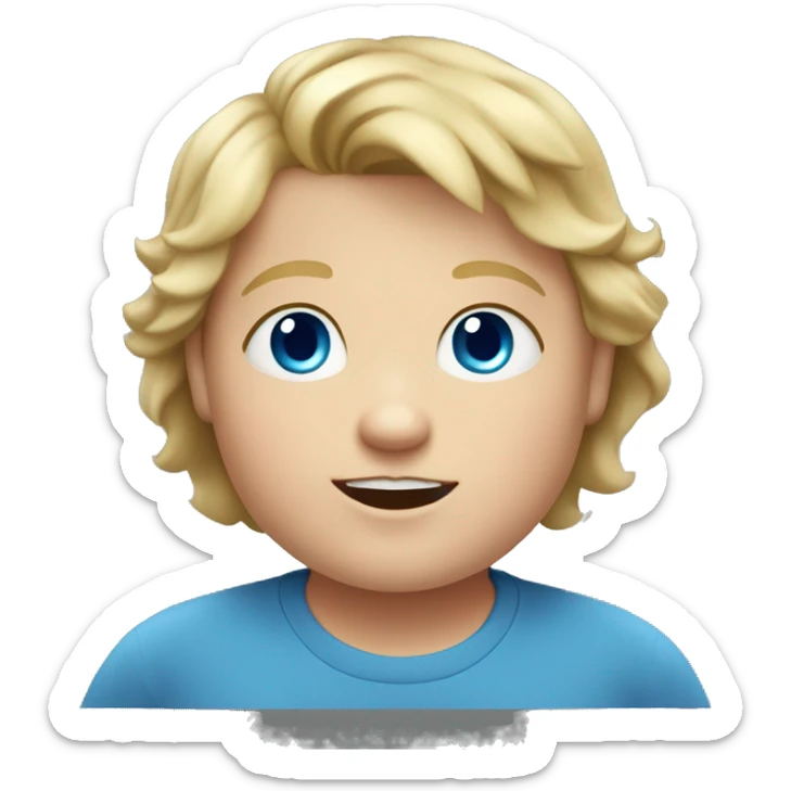 9-year old chubby boy with blond hair and broad blue eyes and a grey t-shirt sticker