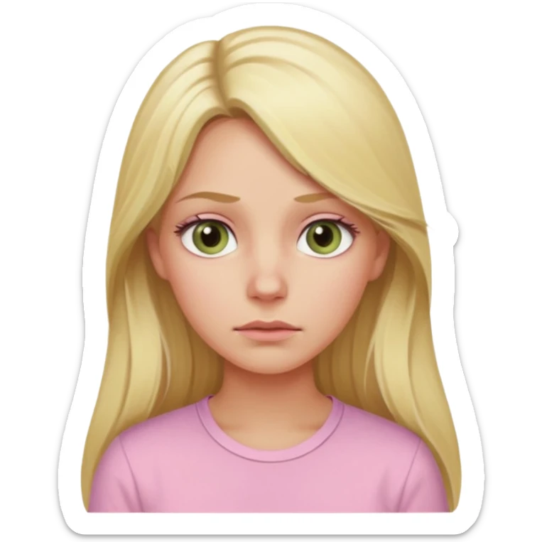 blonde with long hair and swamp-colored eyes, wearing a pastel pink shirt, thoughtful expression, iOS Apple emoji style sticker