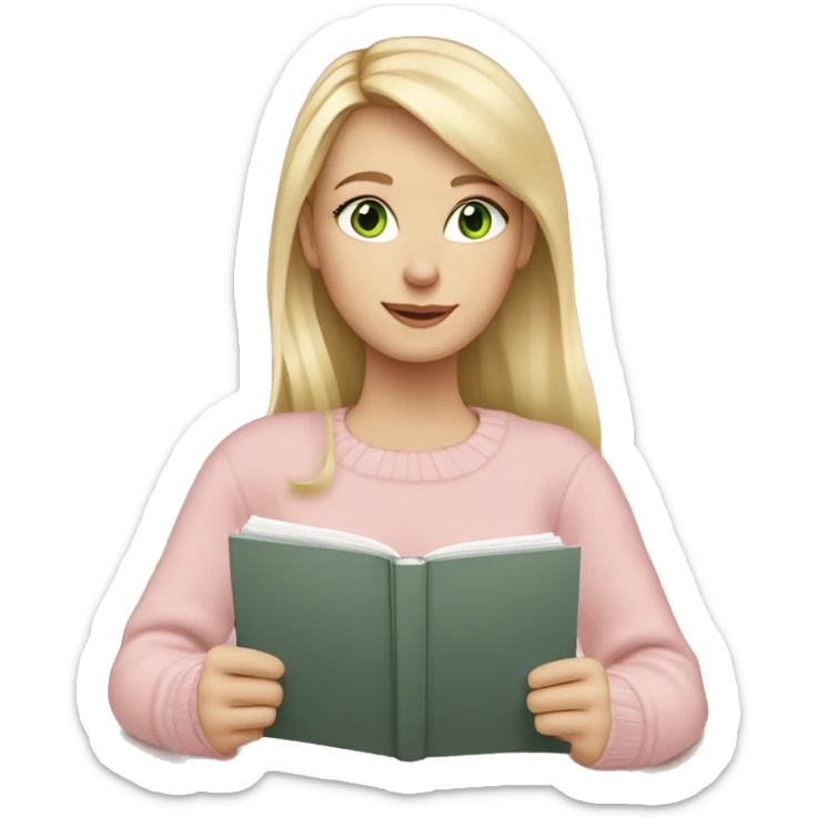 pretty white girl, blonde hair, green eyes studying in a light pink jumper sticker