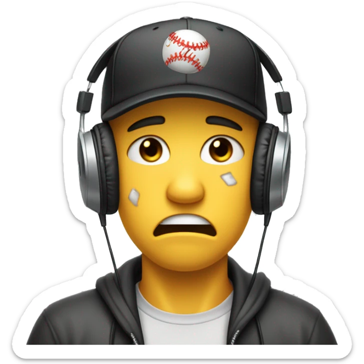 An emoji of a gamer wearing large headphones and a backward baseball cap, crying with tears streaming down both cheeks. The face shows a mix of sadness and frustration, with the mouth slightly open. The background is simple and non-distracting sticker