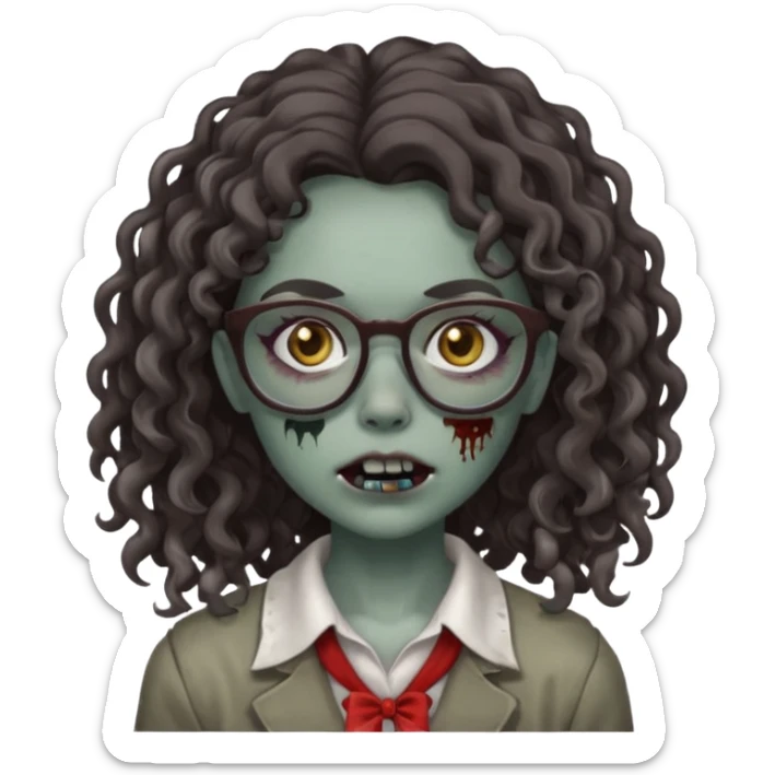 make a zombie girl with grey skin and long dark brown curly hair and glasses sticker