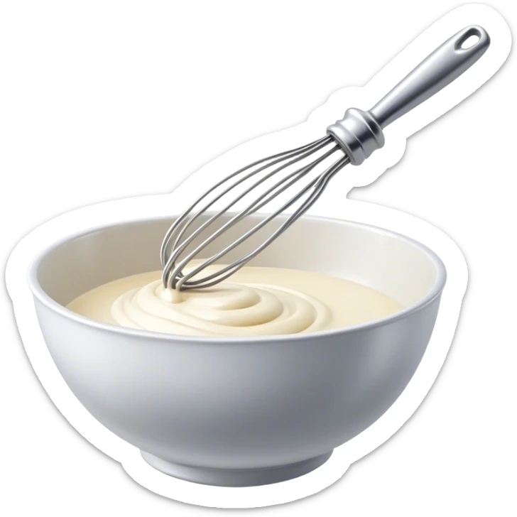 Cinematic Realistic Whisk & Mixing Bowl, a well-used metal whisk resting in a smooth ceramic mixing bowl, light reflecting off the whisk’s polished surface, subtle smears of batter along the rim, glowing with a sense of warmth and creativity. sticker