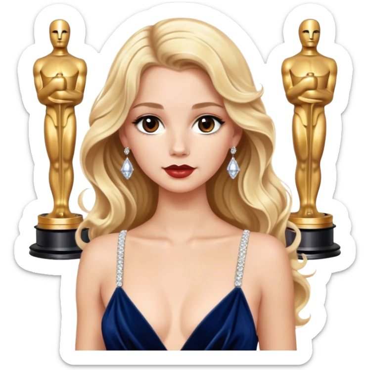 blonde model, brown eyes, long wavy hair, oscars red carpet, navy velvet gown with white diamante straps sticker