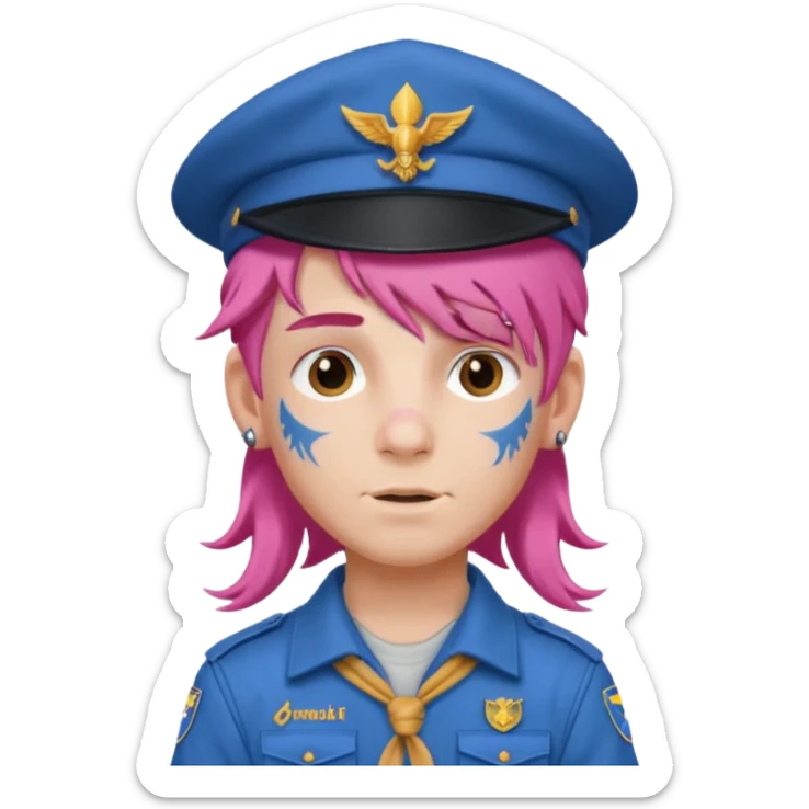 scout boy long hair face tatooes pink haired, wearing blue uniform with hat sticker