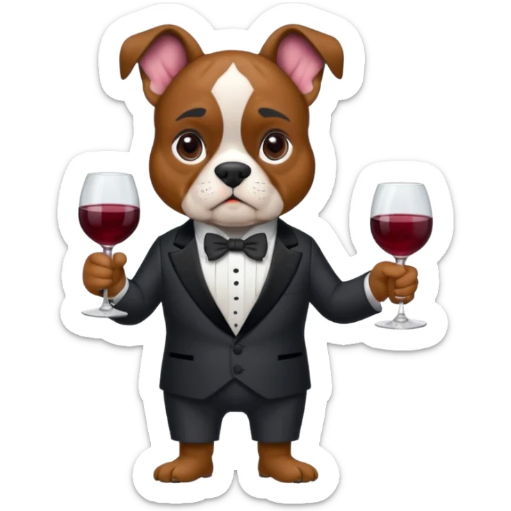 Ein kleiner, stämmiger Boxer mit kurzem, faltigem Gesicht und sehr großen, seitlich abstehenden Ohren. Er hat kurzes dunkelgrau-schwarzes Fell mit hellbraunen Abzeichen über den Augen, an Wangen und Beinen sowie etwas hellerem Kinn, with red wine glass sticker