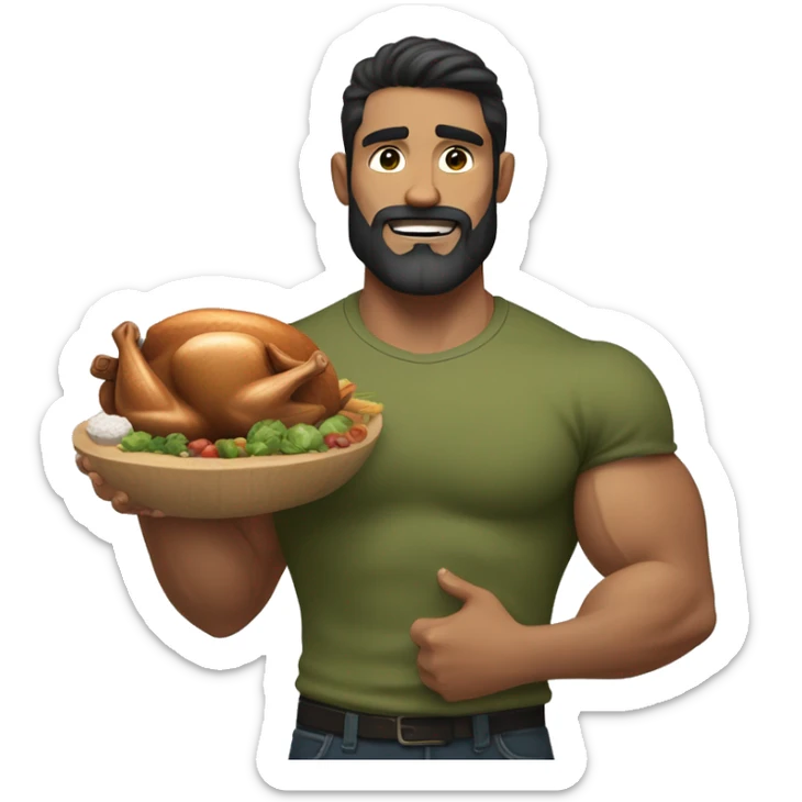 muscular man with dark hair. Little salt and pepper beard. Making a muscle with his left arm, holding a turkey In a olive green shirt sticker