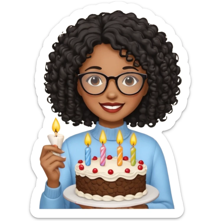 A Black woman with curly black hair and glasses holding a birthday cake sticker