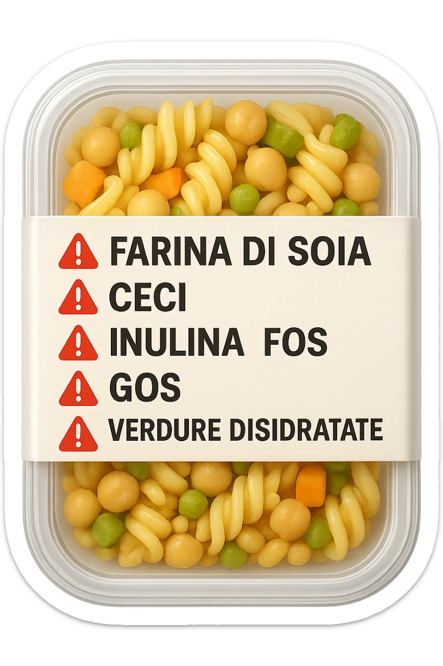 SU QUESTO STILE FAI UN EMOJI STILE IPHONE 3D DI UN insalata di pasta precotta preconfezionata con ETICHETTA CON GLI INGREDIENTI SCRITTI, "farina di soia, ceci, inulina, FOS, GOS, verdure disidratate" accanto ad ogni nome scritto mettici un segnale di allarme, FALLO MOLTO REALISTICO IN 3D sticker