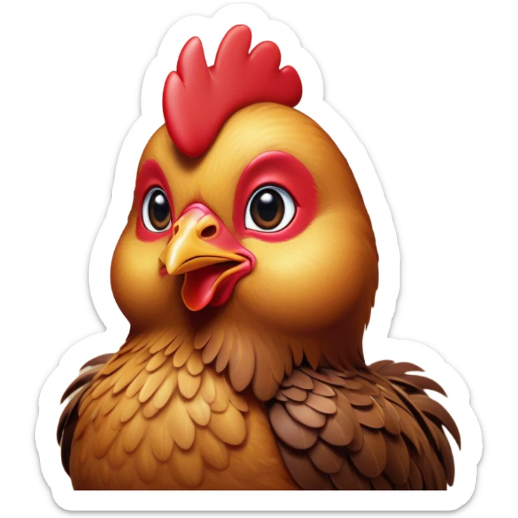 Cinematic Cute Brown Chicken Portrait Emoji, Head tilted playfully and inquisitively, featuring a lustrous brown feathered coat with a natural sheen and a subtle red comb, round, sparkling beady eyes filled with curiosity, Simplified yet irresistibly adorable features, highly detailed, glowing with a warm, friendly glow, high shine, affectionate and lively, stylized with a touch of country charm, bright and endearing, soft glowing outline, capturing the essence of a mischievous yet loving chicken, so playful it feels like it could peck out of the screen and into your arms! sticker