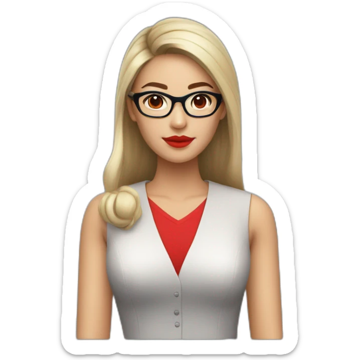 Young woman asiatic teacher, red glasses, red lipstick, red dress, black eyes, black square hairs  sticker