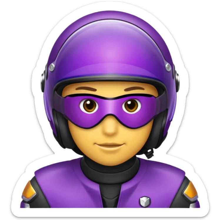 Créer un emoji avec une moto mt07 sport noir mate / violet iridescent très foncé, pare-brise de la moto violet. Avec une pilote dessus, visage masqué par la visière violette . Avec en arrière plan cercle violet. sticker