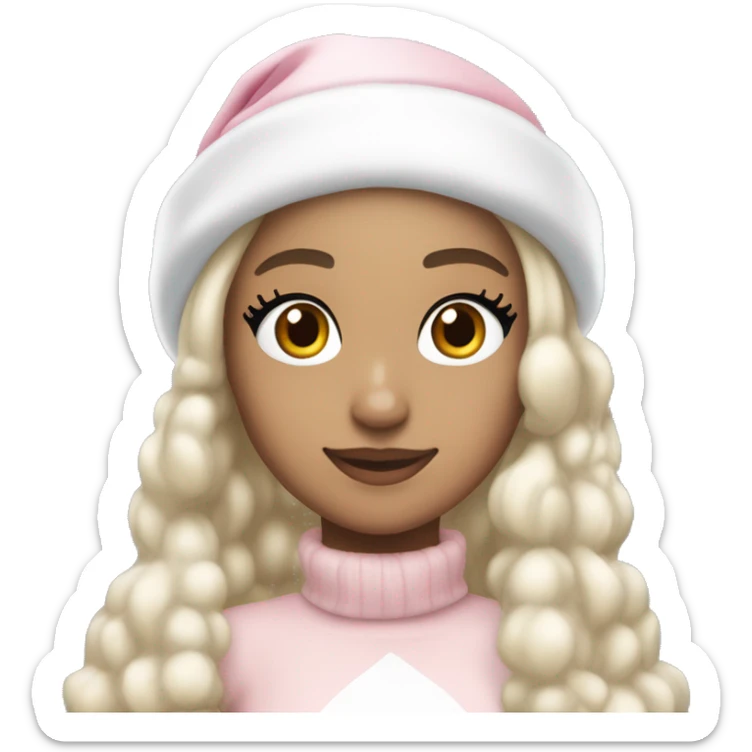 Ariana grande in a light pink christmas outfit wearing a light pink and white christmas hat with short light cold blonde hair sticker