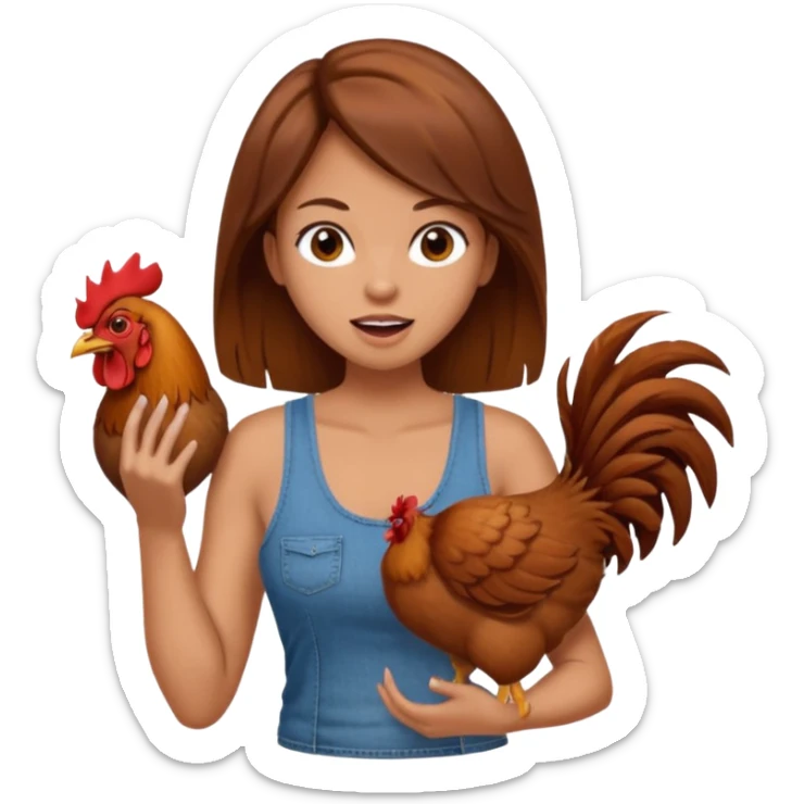 Kneeling Brown hair very large boob Woman open mouth tank top, wearing jeans touching one rooster sticker