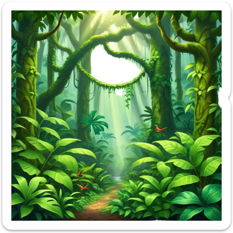 Cinematic Realistic Rainforest Emoji in a wooden frame, Lush and vibrant, filled with towering trees, thick vines, and dense green foliage, sunlight filtering through the canopy above, creating dappled patches of light on the rich, diverse undergrowth. The air is heavy with moisture, with mist rising from the forest floor and distant calls of exotic birds and animals echoing through the trees. Soft glowing outline, capturing the essence of a thriving, untamed tropical paradise filled with life! sticker