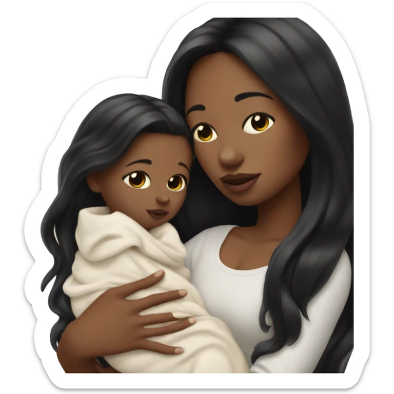 Pale girl with long black hair is holding a pale newborn baby sticker