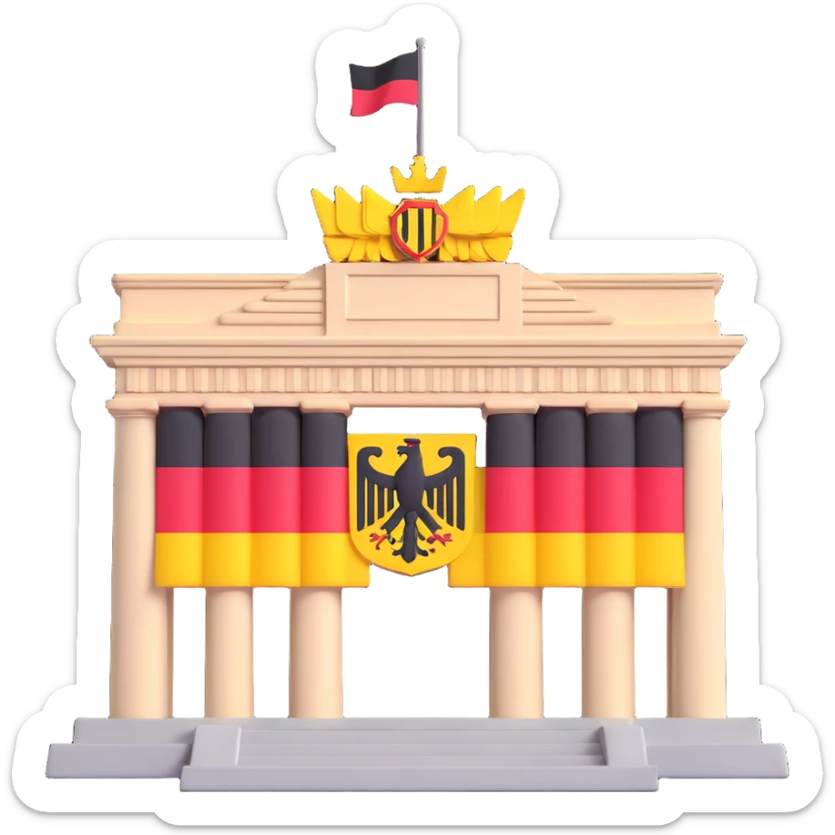 Add more German symbolism to the universal character in 3D style, including the German coat of arms, flag, and possibly the silhouette of the Brandenburg Gate or other recognizable German elements. Keep the 3D style and transparent background. sticker