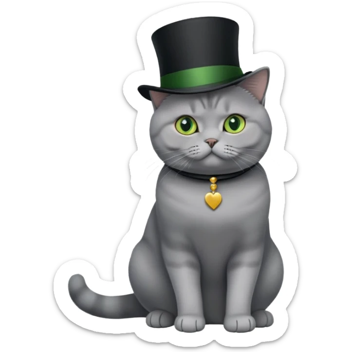 gray British Shorthair cat full body sitting with a black top hat and green eyes sticker