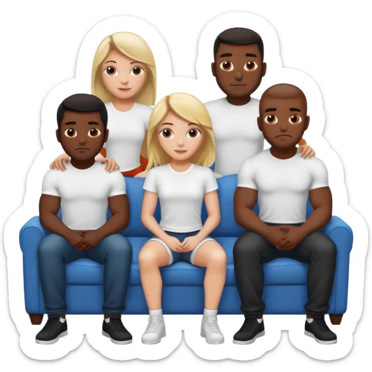 White girl sitting on couch with five muscular black men in white tshirts around her sticker