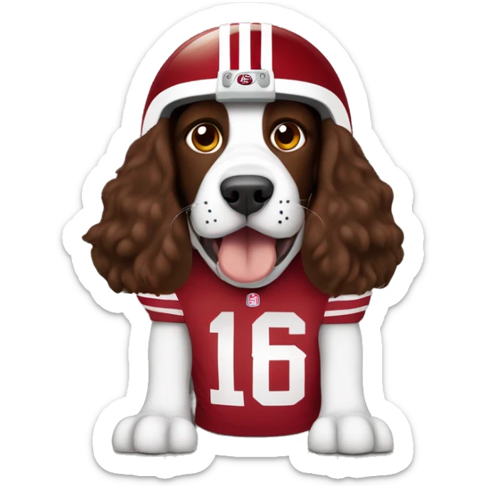 brown springer spaniel wearing 49ers football helmet and holding football sticker