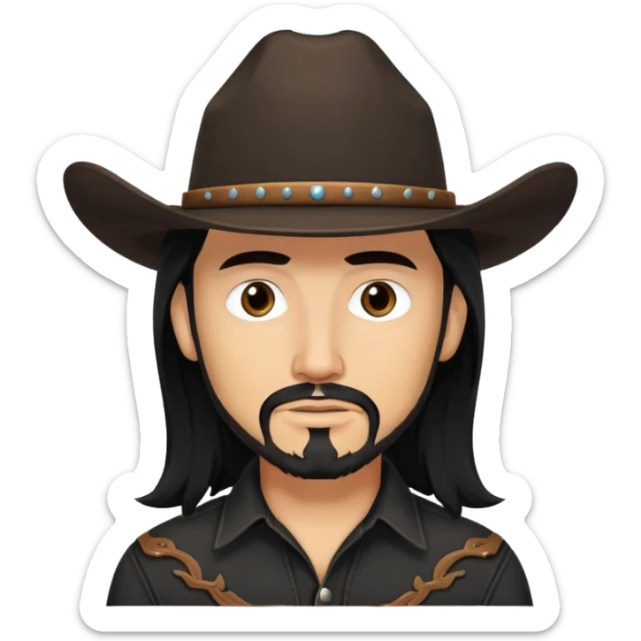 Cowboy with black long hair, brown eyes, tan skin and light black goatee black shirt sticker