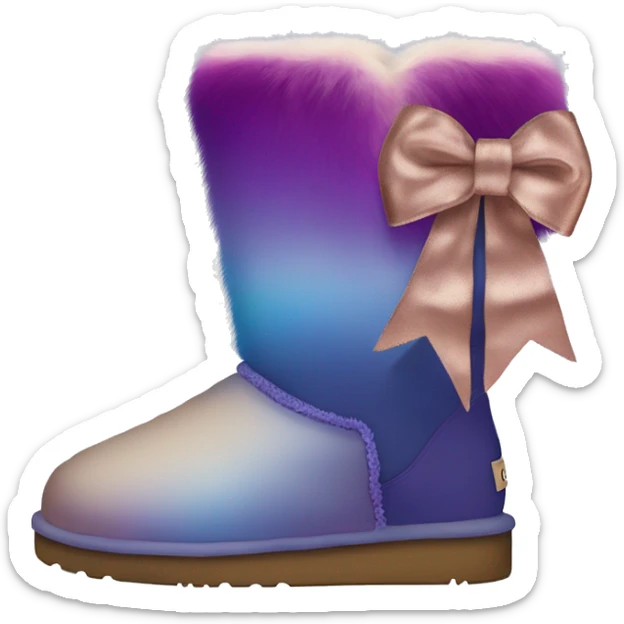 Realistic pair of blue ,purple,taupe and rose gold ombre Ugg fur boots with silk ribbon bows. sticker
