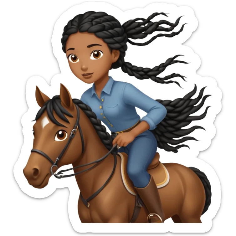 Black girl with long black braids ridding a horse her hair blows in the wind and sun shines on her brown eyes sticker