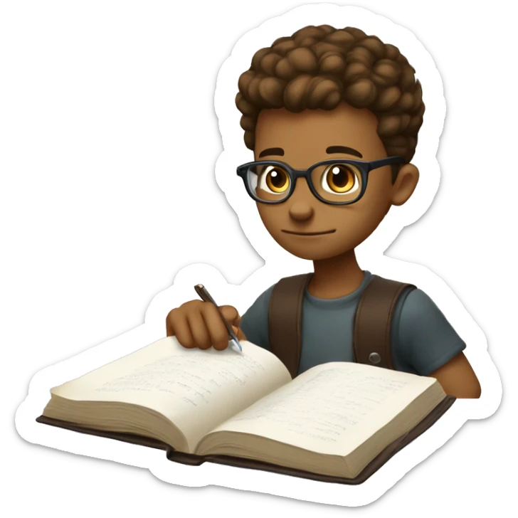 a kid with high taper fade mid streingh hair round glasses looking down to his study book he is white and have brown hair sticker
