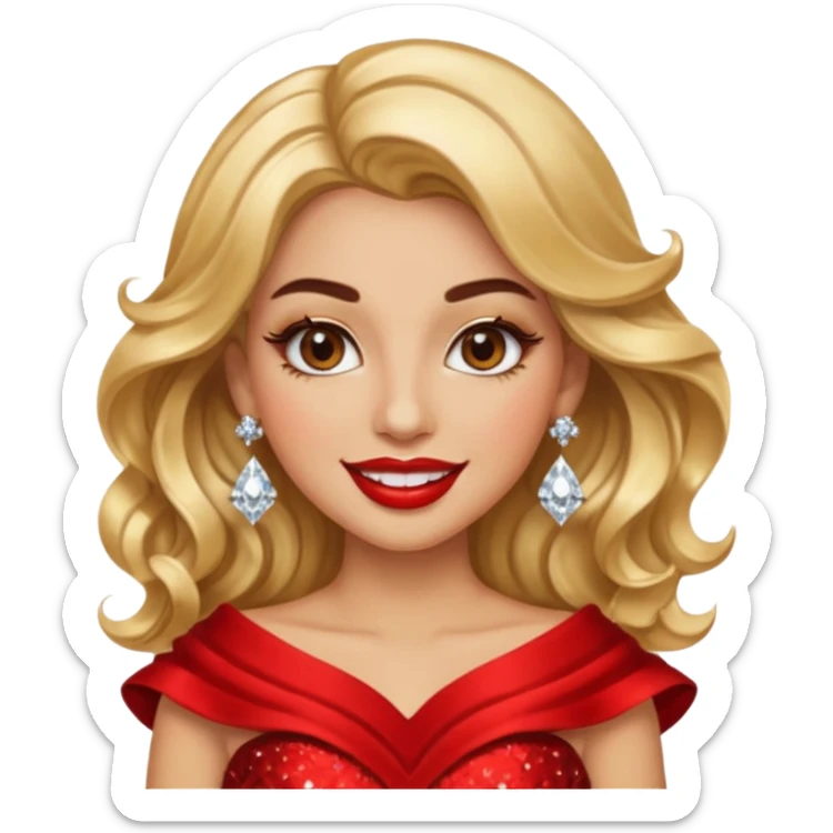 “Emoji girl, glamorous smile, shimmering gold eyeshadow, bold red lips, voluminous waves, dramatic lashes, wearing diamond earrings and gold gown.” sticker