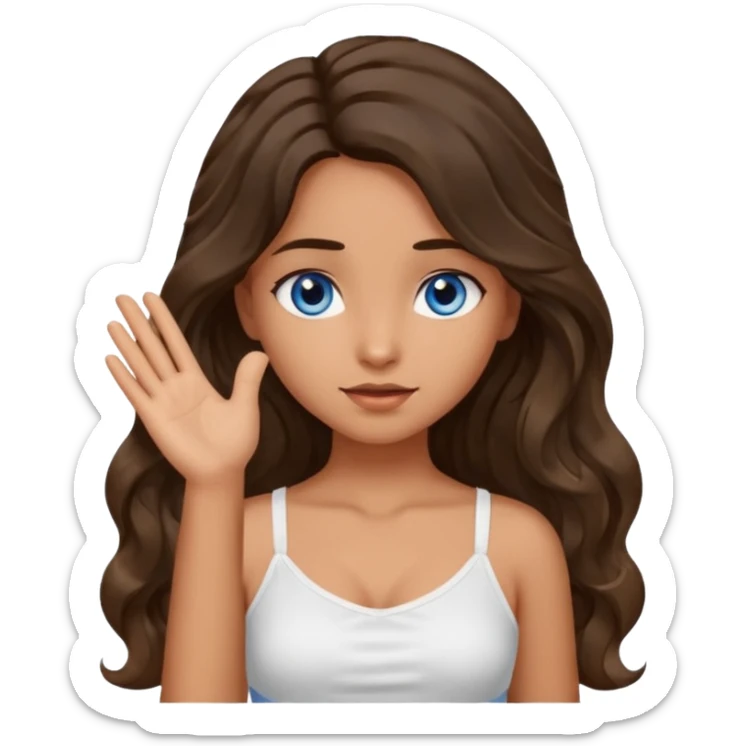 Girl with olive skin, blue eyes, brown dark insanely wavy long hair, white camisole, left hand palm up crossing arms in front of face sticker
