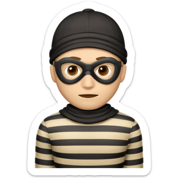 classic cartoon burglar robber emoji with mask and striped shirt, simple and expressive sticker