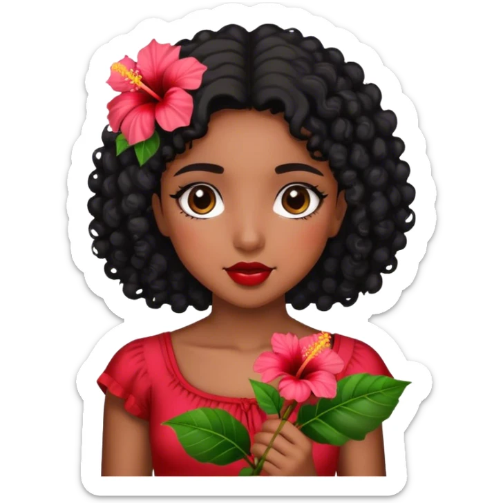 Girl with brown skin with black curly hair holding hibiscus flowers sticker