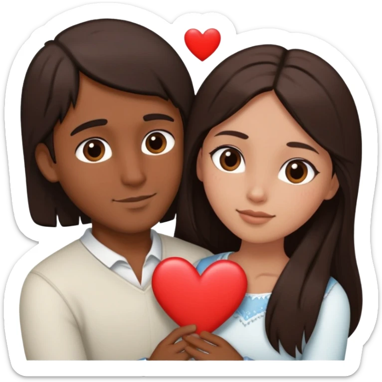 A couple embracing, man with mestizo brown skin and short straight dark brown hair, woman with fair skin and long dark brown hair, with white hearts around them sticker