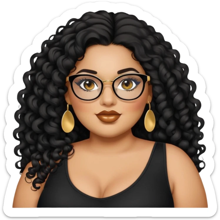 big plus size, latina, darker tan skin, long black curly hair, baddie,pretty, makeup, lipgloss, black eyeliner, long hair, small gold earrings, black top, black glasses sticker