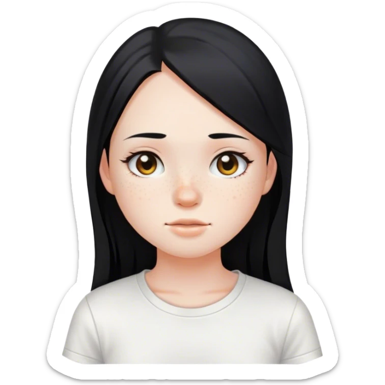 A teen girl with round face, freckles, long black straight hair, and pale skin sticker