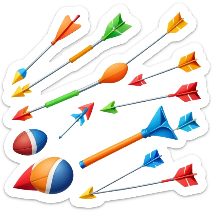 A collection of colorful sports equipment with dynamic growth arrows sticker