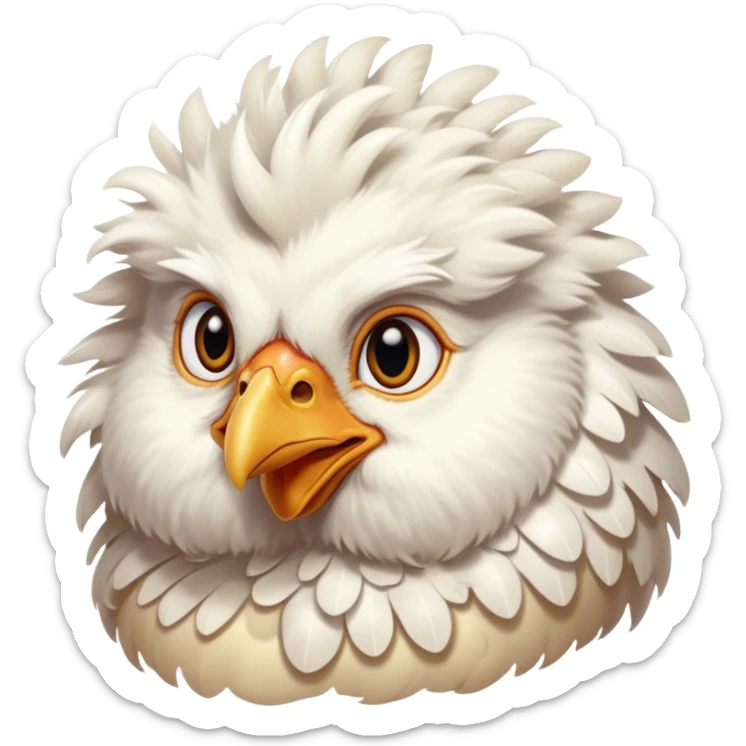 Cinematic Adorable Fluffy White Chicken Portrait Emoji, Standing proudly with soft, ruffled white feathers, round and plump with a gentle expression, bright and curious eyes, slightly puffed chest, detailed texture with a soft glow, high shine, warm and friendly, stylized with a charming simplicity, bright and endearing, soft glowing outline, capturing the essence of a cheerful farmyard companion, so lively it feels like it could cluck and strut at any moment! sticker
