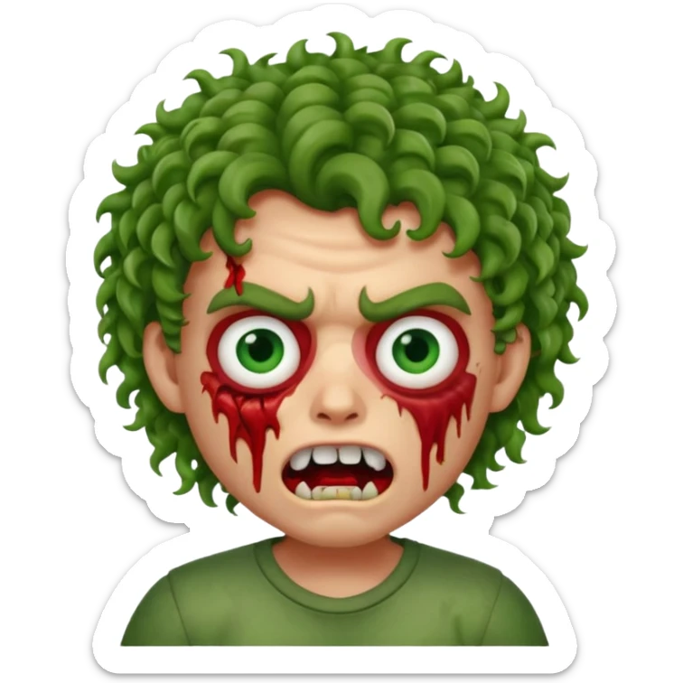 Zombie apple Memoji curly hair boy with growling face with one open and stich under eye  sticker