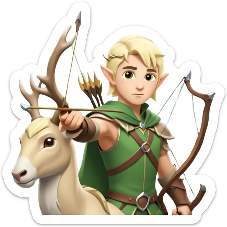 clash-of-clans-aesthetic-blond-male elf-archer-portrait-emoji, rendered in a flat, vector-style with minimal shading and bold holding his bow, simplified shapes, head tilted slightly forward with a determined, focused expression, riding a majestic white stag whose antlers glow with mystical energy, set against an ancient, enchanted forest backdrop. sticker