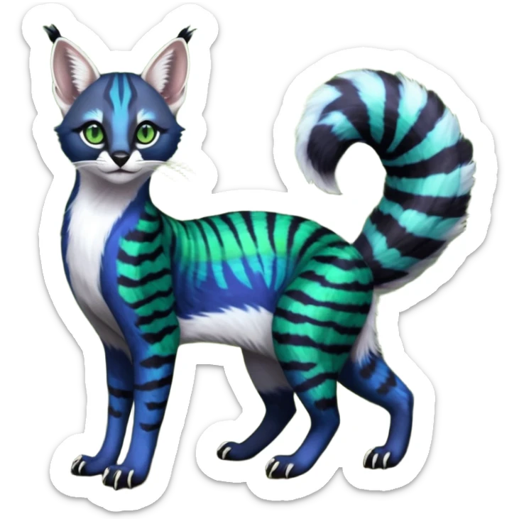 Colorful dark tropical cobalt-blue, black, white fur, with green eyes, iridescent glorious divine exotic cute cool beautiful shiny beautiful fantasy-caracal-civet-genet-sergal-vernid-Cacomistle-Furret-civet-oncilla-animal-Fakémon-hybrid-fursona with pattern markings (full body) sticker