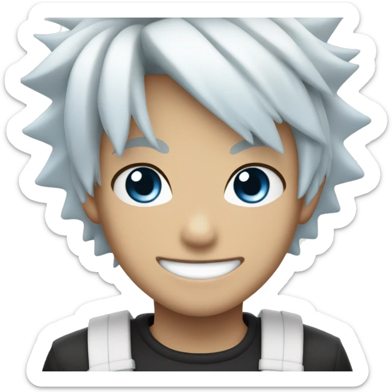 Young Japanese man smiling, With sky blue eyes, white spiky hair, and black bandage on the eyes sticker