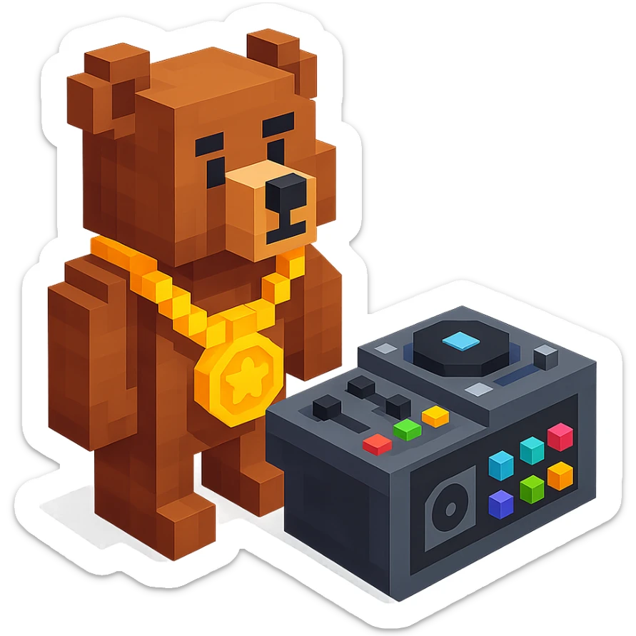 Russian grizzly bear wearing a rapper chain and standing next to a DJ setup sticker