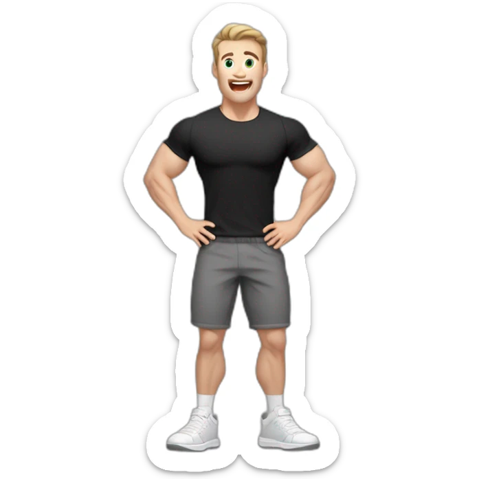 amazed Open with surprise mouth Pale skinned Fit Man With the biceps and dark brown hair in black shirt, gray sports shorts and white Sneakers sticker