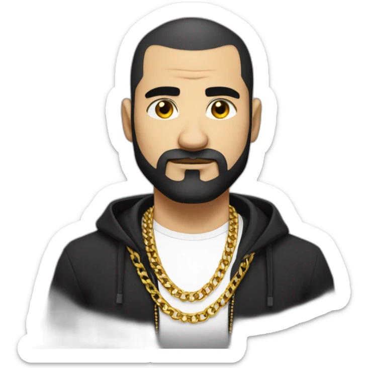 Russian strong man thug wearing gold chain with black hair and short beard, hair half bald sticker