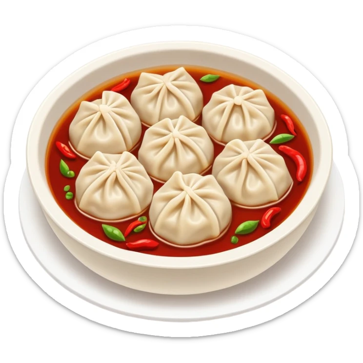 Chongqing Zhong Dumplings with red chili oil sauce, simplified emoji style with bold outlines and bright colors, cartoon style Sichuan spicy boiled dumplings sticker