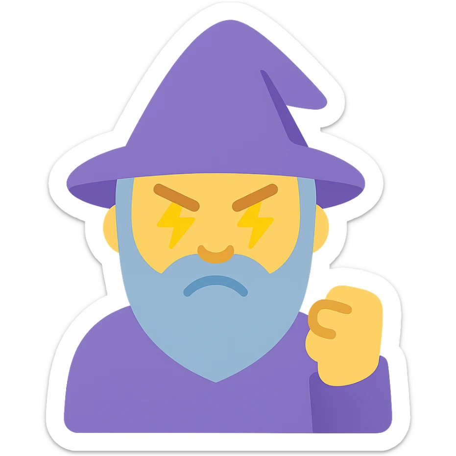 angry wizard with lightning eyes and a balled up fist sticker