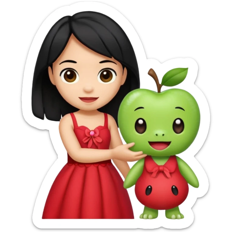Lilo from Lilo & Stitch as an apple style emoji, happy, holding Scrump doll, red dress, black hair sticker